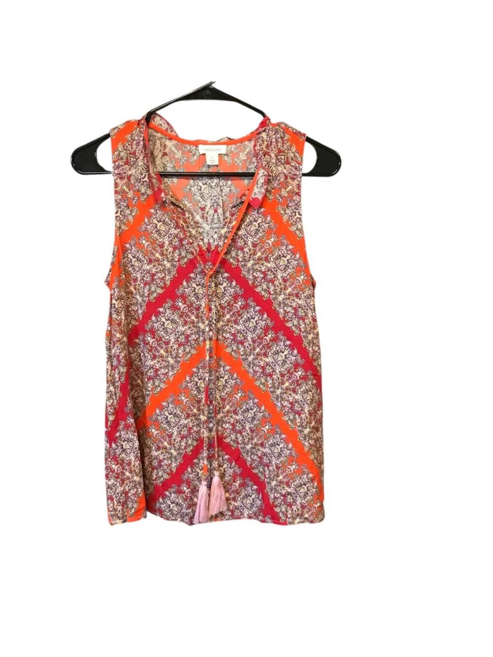Sundance Women’s Sleeveless Tassel Tie Rayon Boho Tank Top Orange Print M